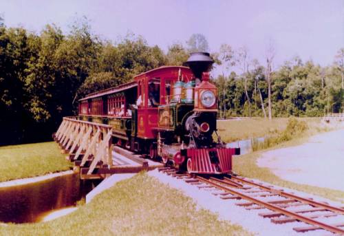 Image of new Fort Wilderness Train on trestle.